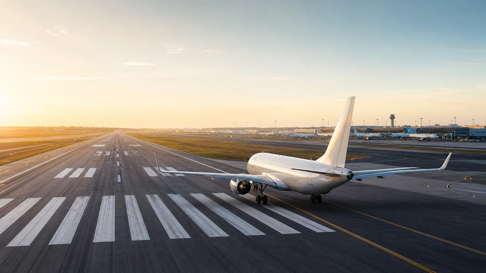 Unbranded passenger aircraft lining up beside an airport runway at sunrise