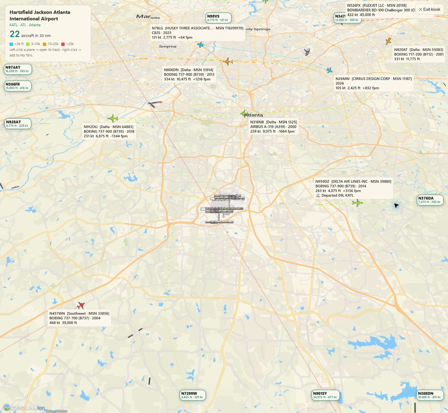Actual Flightpatch kiosk screenshot showing live aircraft near Hartsfield-Jackson Atlanta International Airport